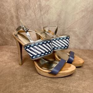 Coach Steffi Heels Pumps Slingback Woven Open Toe Sandals Silver Metallic Blue